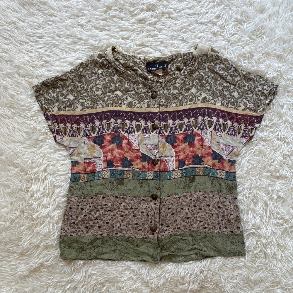 Vintage Carole Little Womens Paisley Button Front Blouse Size 8 Made in USA Boho